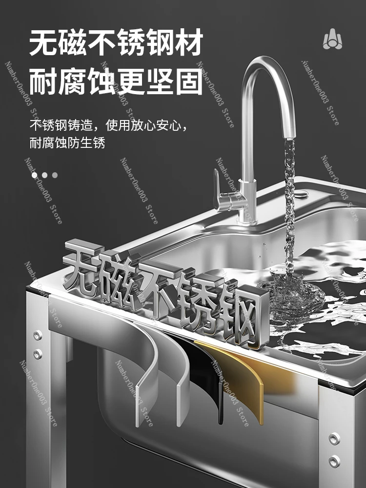 Kitchen Thickened 304 Stainless Steel Sink Large Single Sink Double Slot with Bracket Washing Basin Sink Scullery Shelf