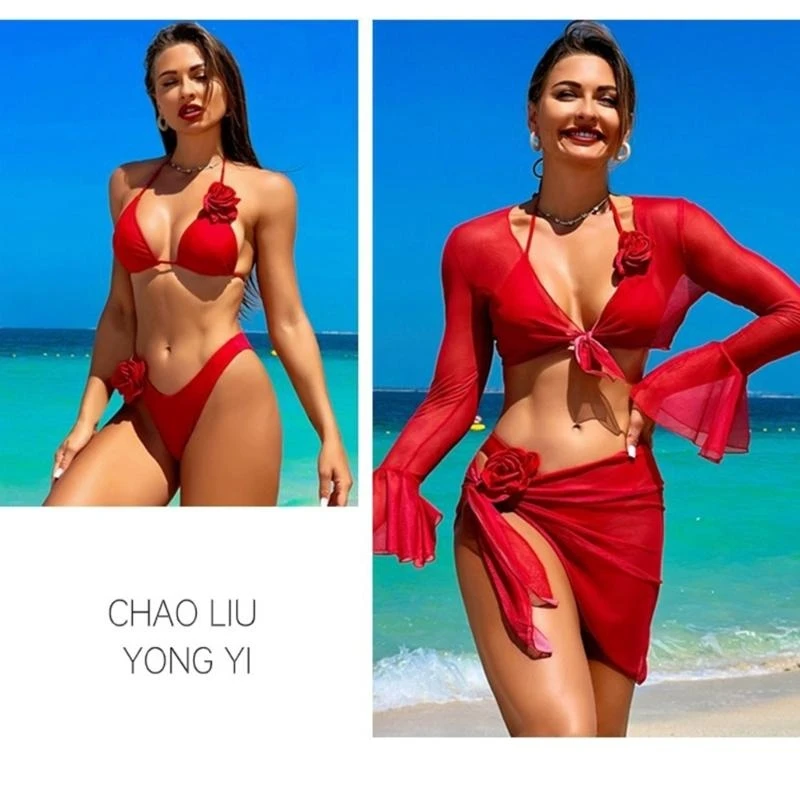 

Womens 4 Pcs Swimsuit Girls Halters Swimwear Flowers Split Bathing Suit