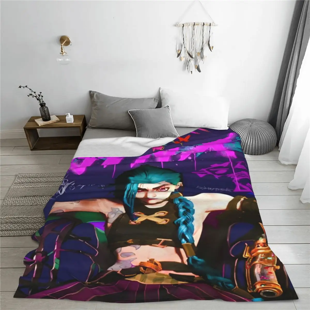 Retro Jinx LOL Anime Blankets Arcane Game Flannel Awesome Breathable Throw Blanket for Bedding Lounge Spring Autumn