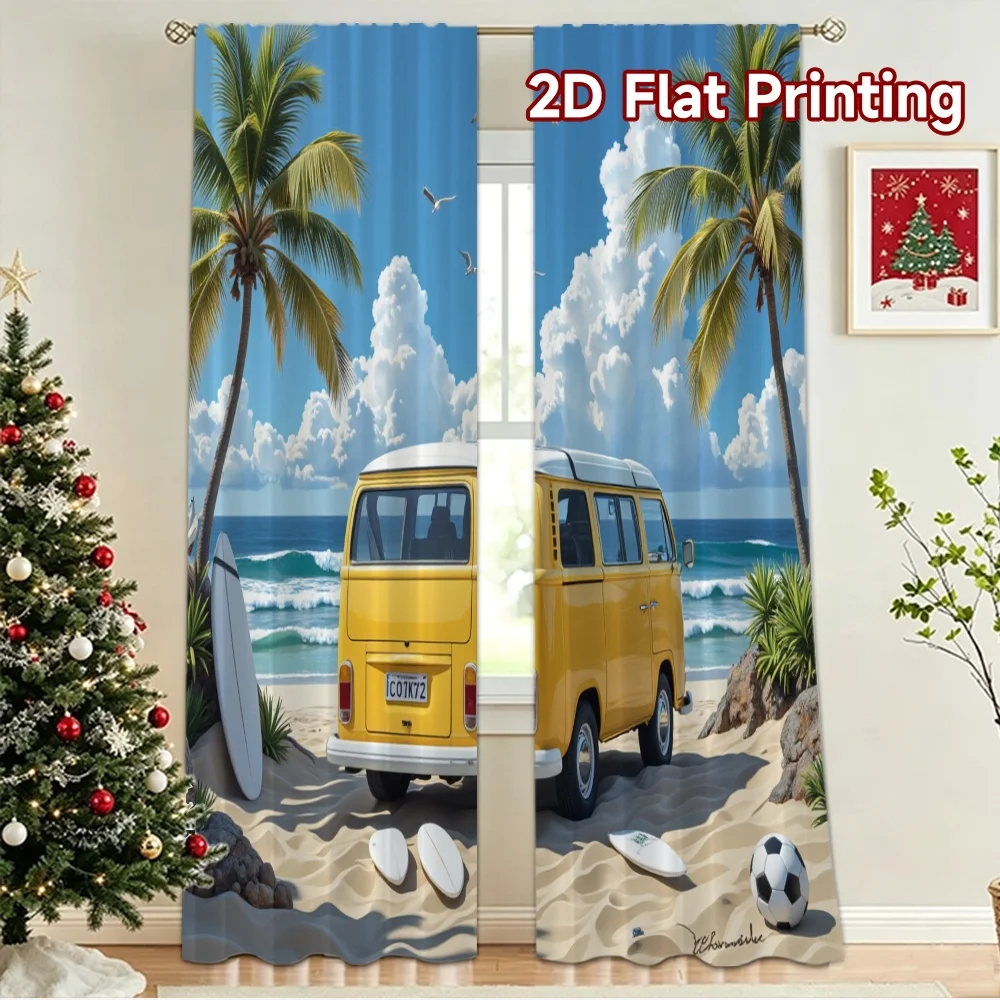 2D flat 2pcs Curtain Country Style Yellow Van Beach Scene Digitally printed polyester Birthday Party Perfect for Drapes for