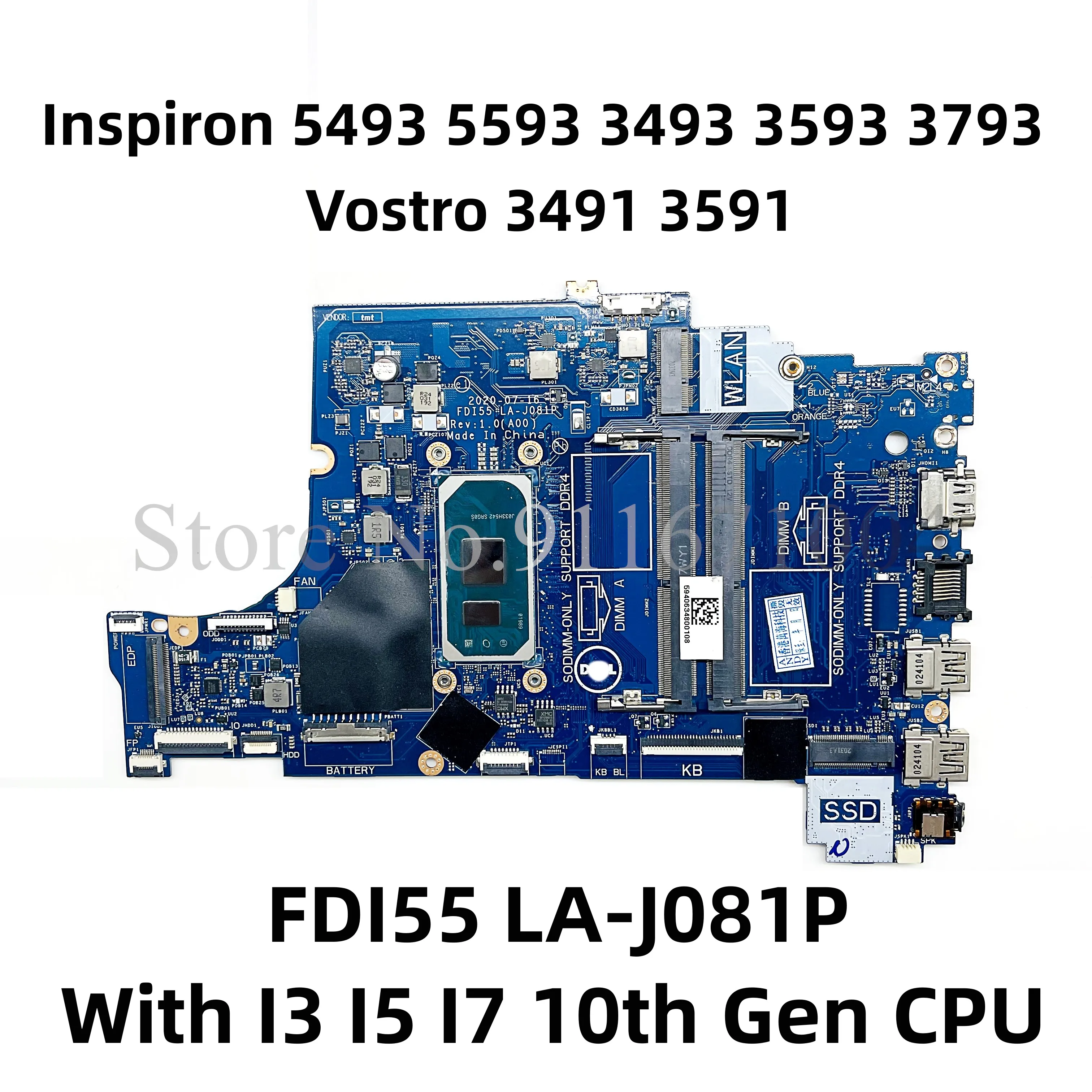 

FDI55 LA-J081P For dell Inspiron 5493 5593 3493 3593 3793 Vostro 3491 3591 Laptop Motherboard With I3 I5 I7 CPU CN-03DD3K 0790WT