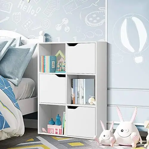 

6-Cube Organizer, Cabinet with 3 Open Cubes and 3 Cabinets, Free Standing Wooden Cubby Bookcase, Compartment Units for Home Of