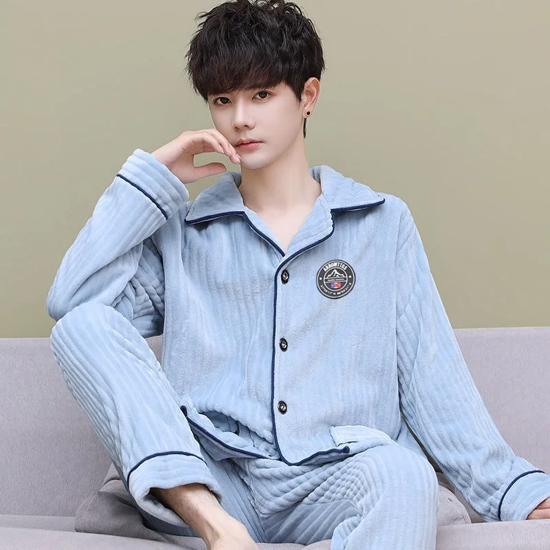 2024 New Men's Coral Velvet Pajamas Autumn Winter Warm Loungewear Thickened Flannel Cardigan Sleepwear Set V-neck Plush Homewear