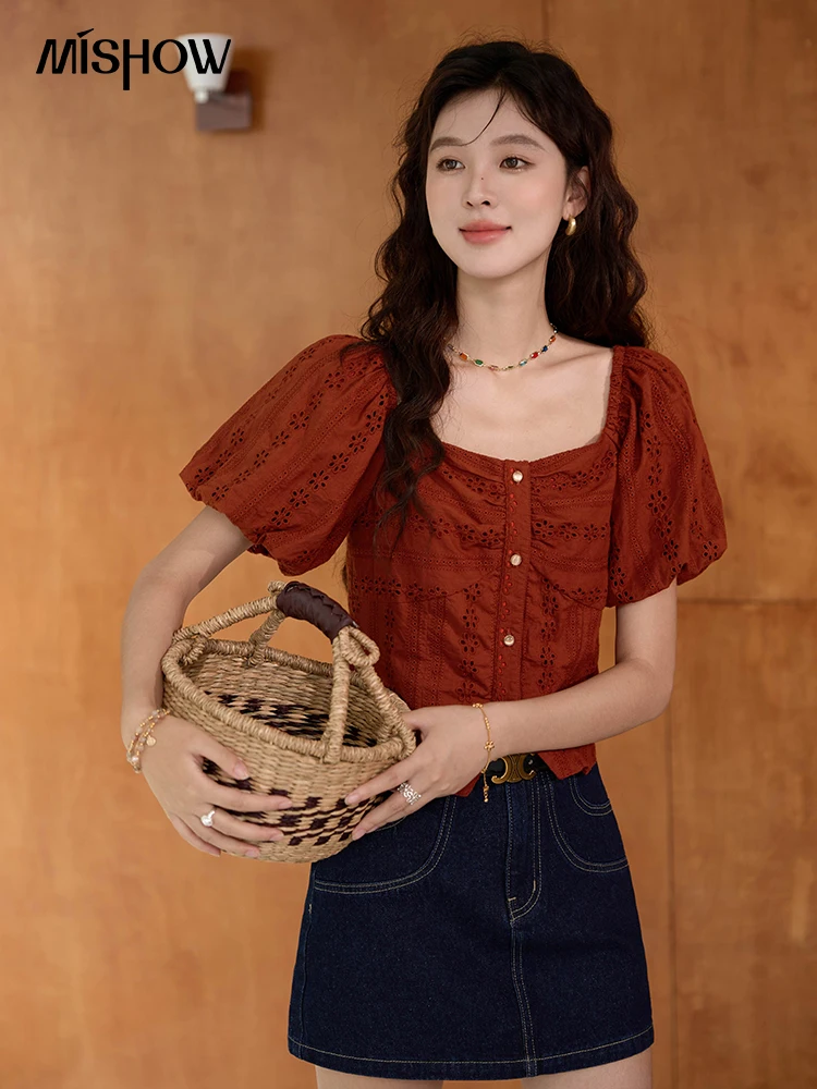 

MISHOW French 100 Cotton Hollow Out Shirt Female 2024 Summer Korean Bubble Sleeves Blouse Square Neck Retro Red Tops MXD31X1578