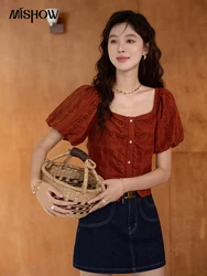 MISHOW French 100 Cotton Hollow Out Shirt Female 2024 Summer Korean Bubble Sleeves Blouse Square Neck Retro Red Tops MXD31X1578