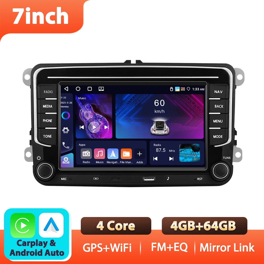 Podofo 7'' 6+128G autoradio voor VW/PASSAT/GOLF/POLO/BORA multimediaspeler WIFI Carplay Android Auto BT EQ Sound DSP autostereo