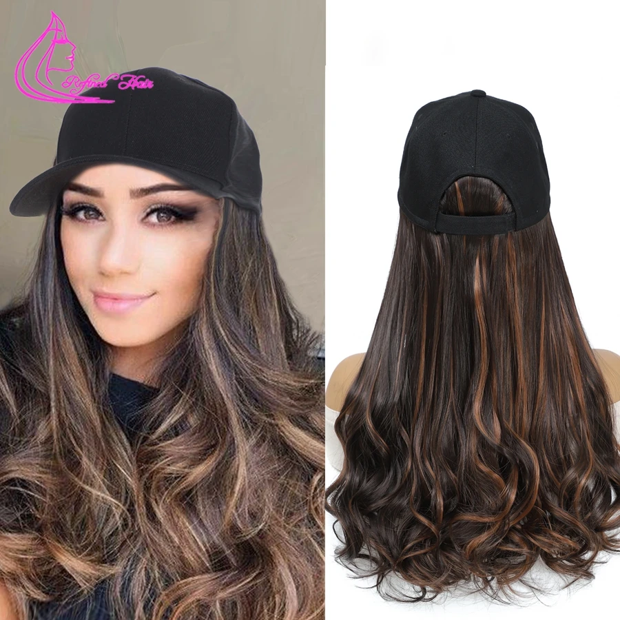 Baseball Hat Wig 18inch Long Synthetic Curly Wavy Extensions Adjustable Cap Attached Wave Hair for Women Girls Mix Brown color