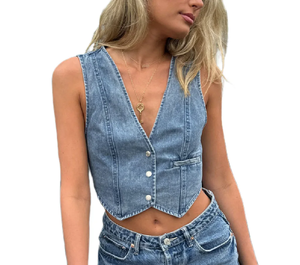 Retro Women Denim Vest V Neck Button Up Sleeveless Waistcoat Slim Fit Casual Streetwear Summer Crop Top