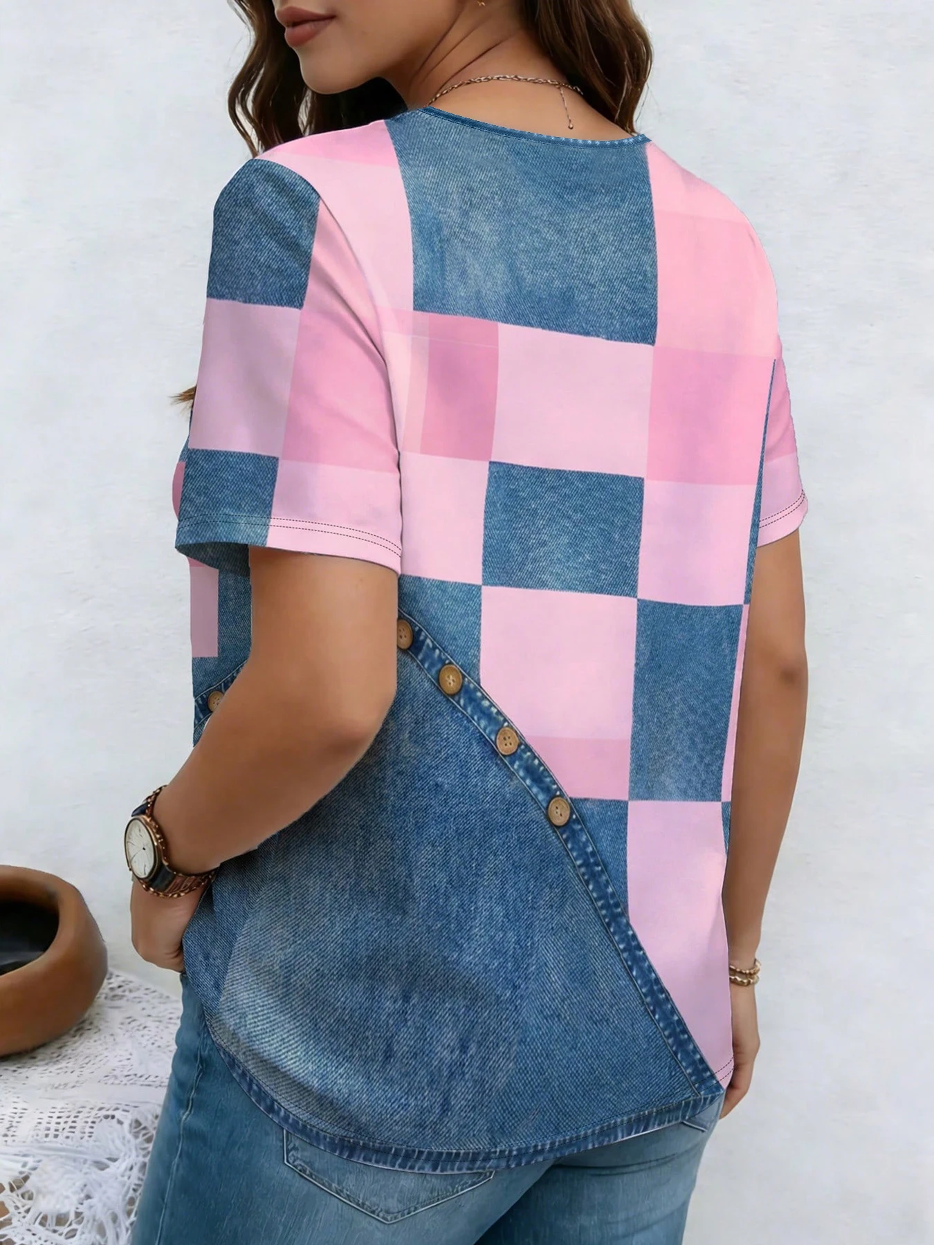 Summer casual fashion imitation denim print V-neck short sleeved commuting versatile T-shirt image 3