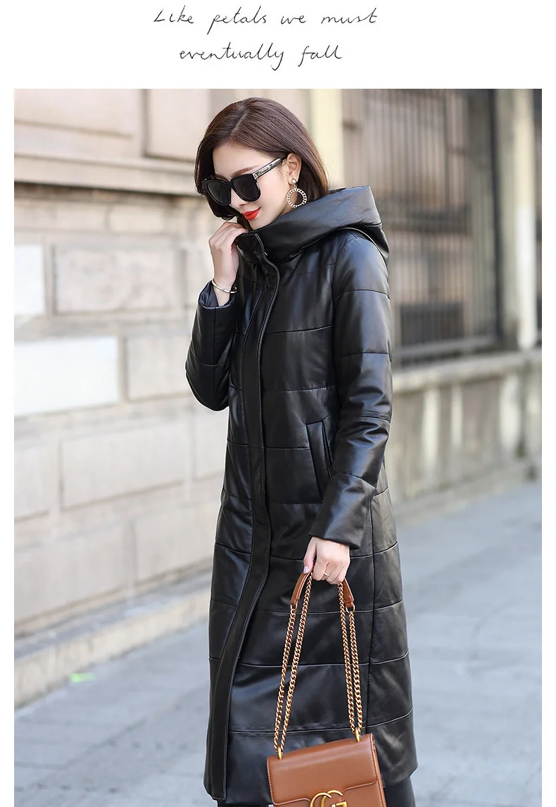 

2023 Women Genuine Leather Jacket Long Duck Down Coats Hooded Warm Winter Real Sheepskin Coat Female clothes B0309