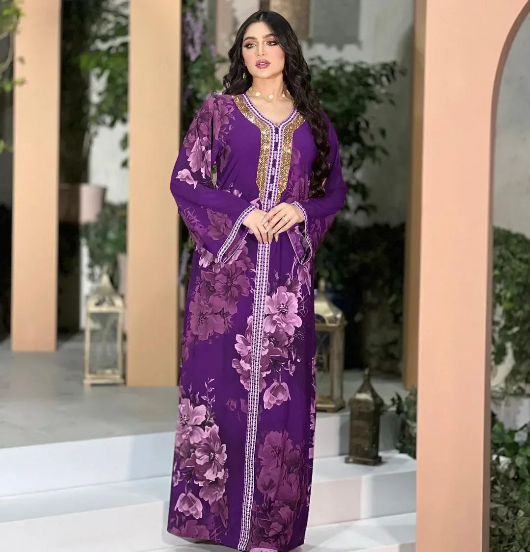 Dubai Print Dress for Women Temperament Diamond Dress Elegant Femme Party Dress Kaftan Femme Musulman Loose Muslim Summer Dress