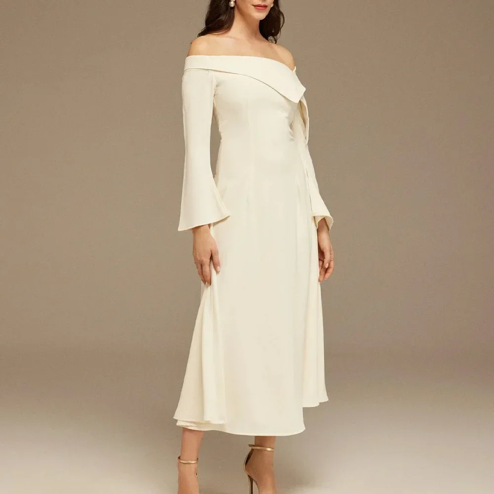 크레페 비대칭 접힌 넥 라인 a 라인 미디 드레스 이브닝 드레스 여성을위한 절묘한 고품질 댄스 파티 가운 맞춤형