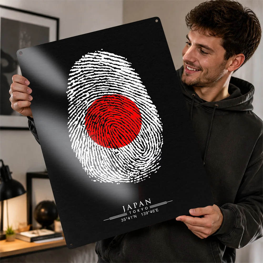 Japan Flag Fingerprint Textured Metal Poster Bold Graphic Wall Art For Home Office Customized Aluminum Sign Geography Fan Gift