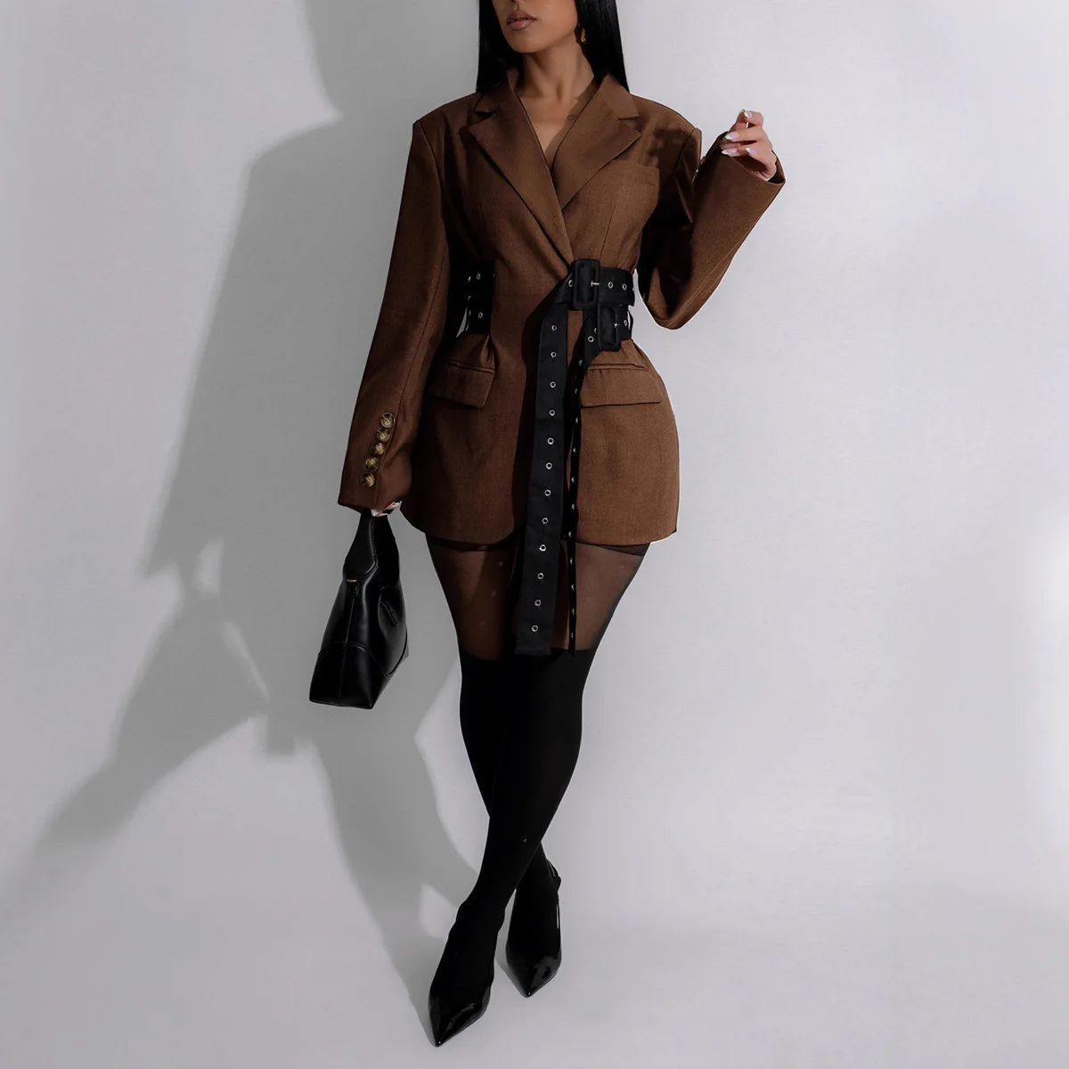 

Elegant Blazers Jacket For Women Solid Temperament Jacket Spliced Belt Notched Collar Long Sleeve Outerwear Patchwork Coat