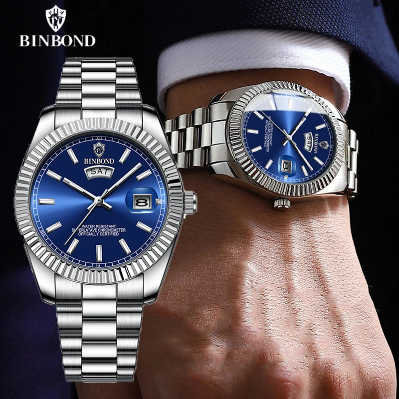 BINBOND B7012 Mens Fashion Business Sports Quartz Watch 30M Waterproof Luminous Classic Calendar Creative Clock Mens Wristwatch