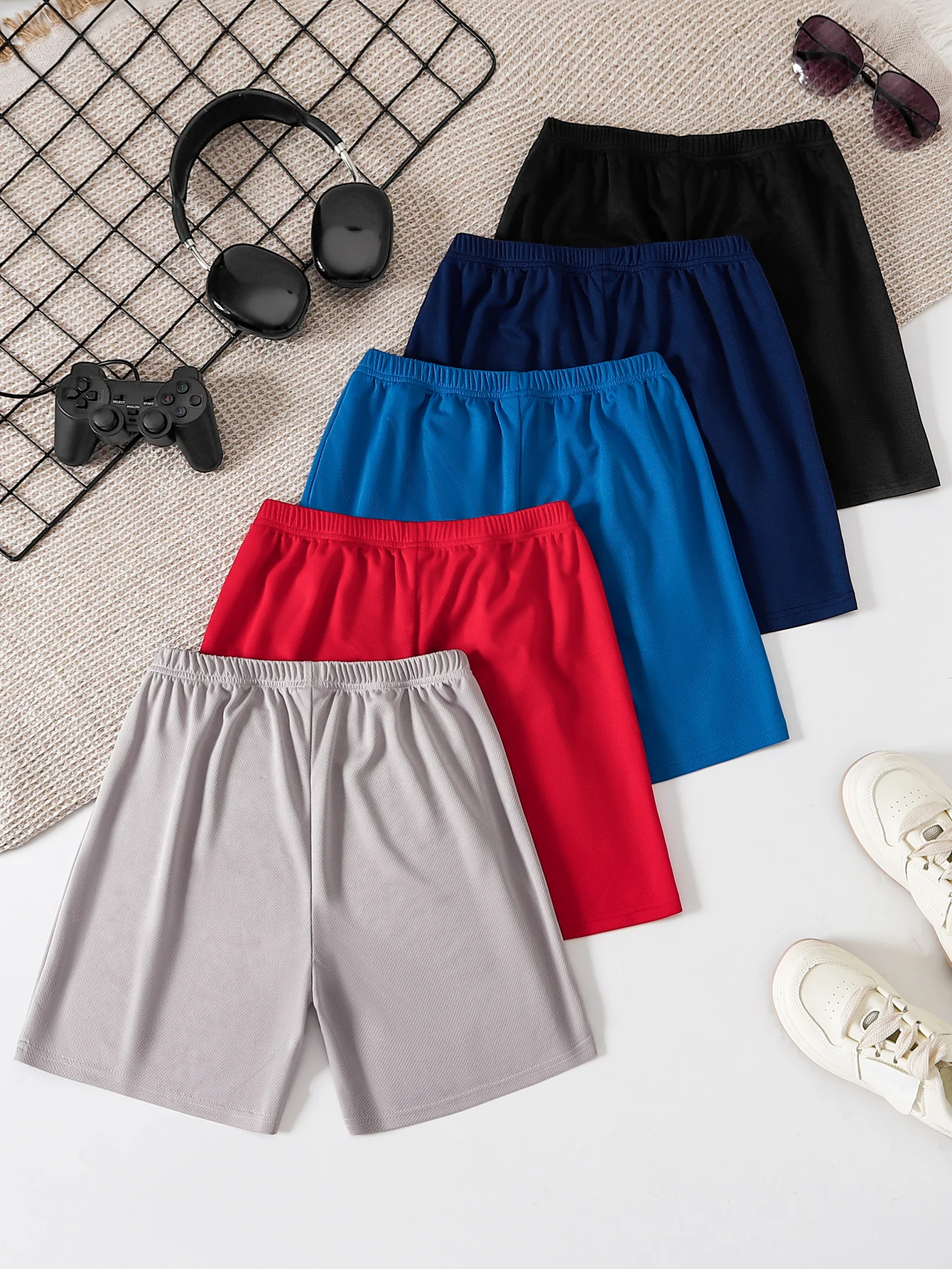 4pc Summer Boys Mesh Smile Print Shorts, Elastic Waist Casual Sports Pants, Cool Style, Daily/Sports Wear, 3-10Y, Breathable Fab