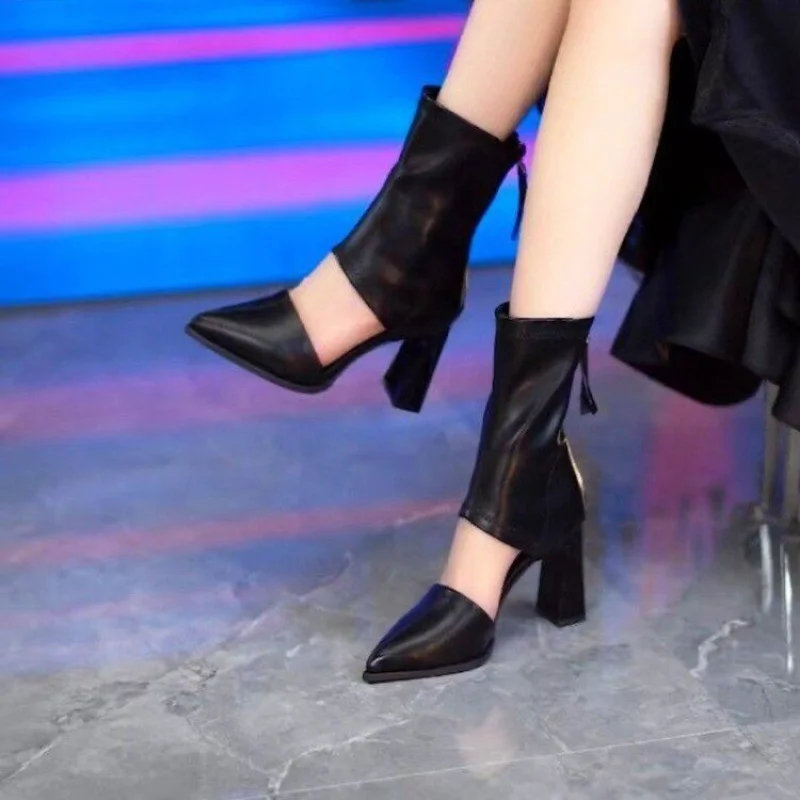 New Summer Women's Roman Style Pointed Toe Block Heel Cutout Ankle Boots, Back Zipper Breathable High Heel Sandal Boots