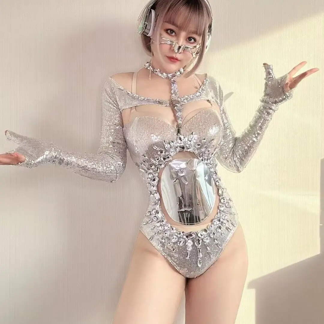 

Rhinestones Silver Sequins Bodysuit Women Pole Dance Costume Sexy Party Jumpsuit Nightclub Outfit Performance Leotard