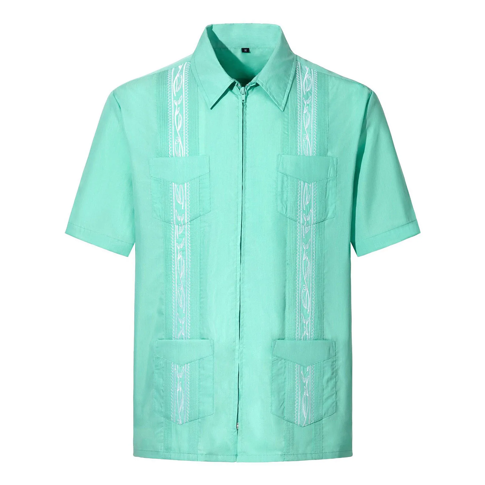 Men\'s Embroidery Shirt Full Zipper Short Sleeve Turn Down Collar Guayabera Shirts With Pockets Summer Vintage Mexican Shirt Tops