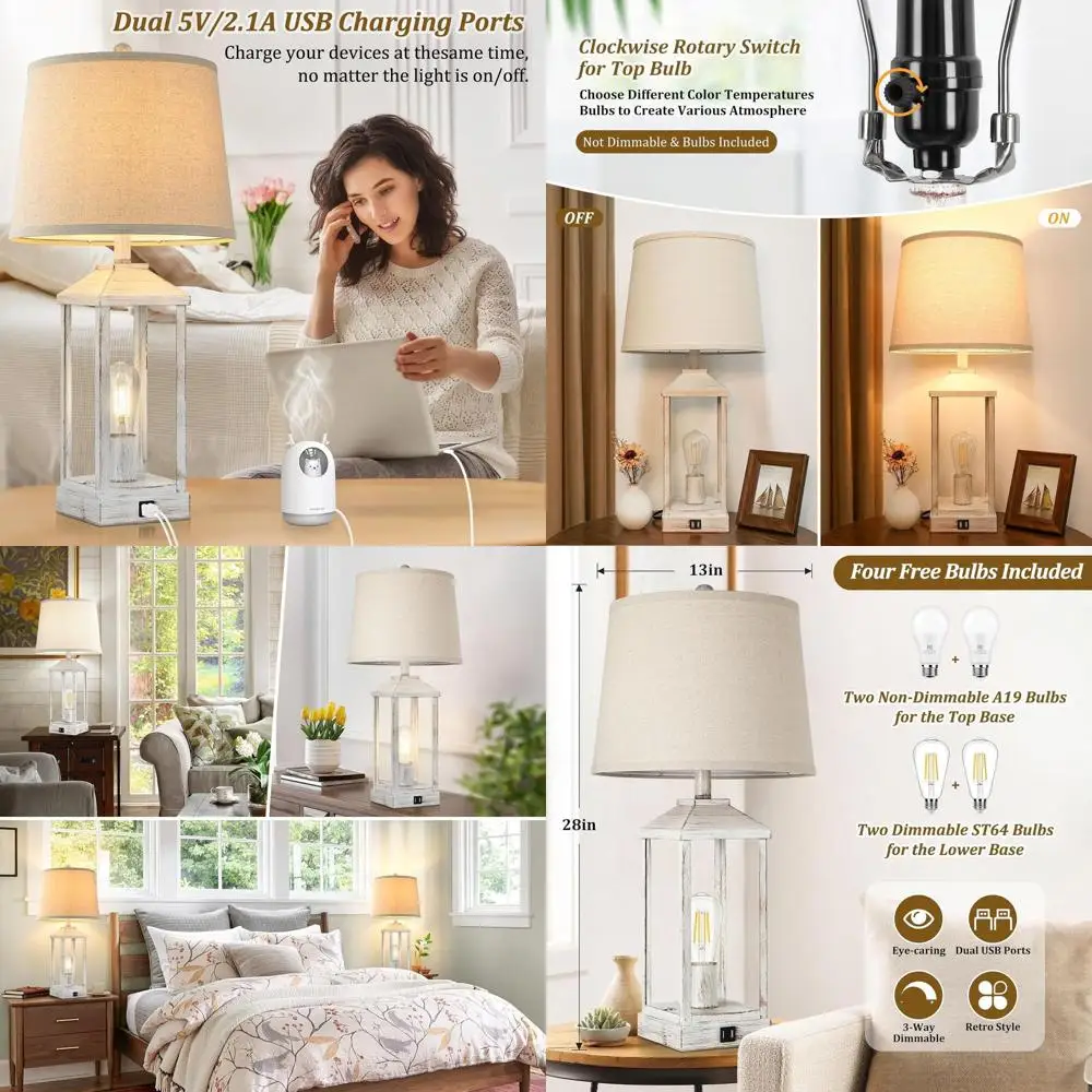 

Пара 28 настольных ламп с сенсорным управлением в деревенском стиле белого цвета с 3-сторонним затемнением и USB-портами, идеально подходят для гостиной, спальни и офиса.