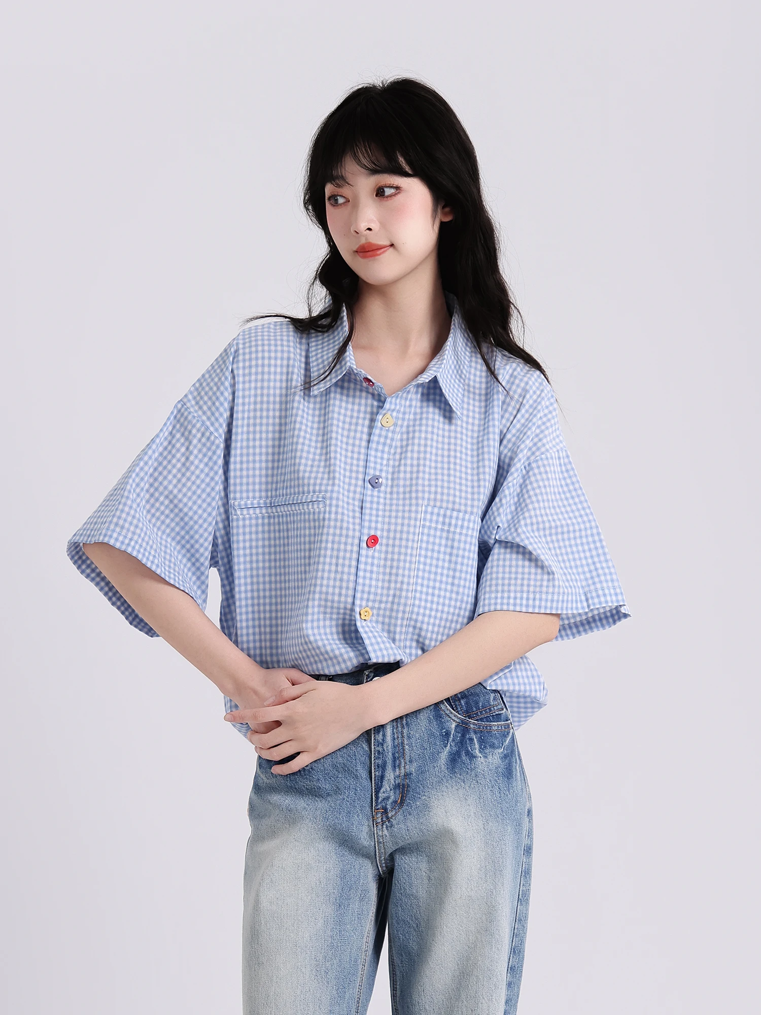 Top casual da donna allentato scozzese blu ort Sve irt Summer Sweet Versatile Button up coreano Sle Commute Faion