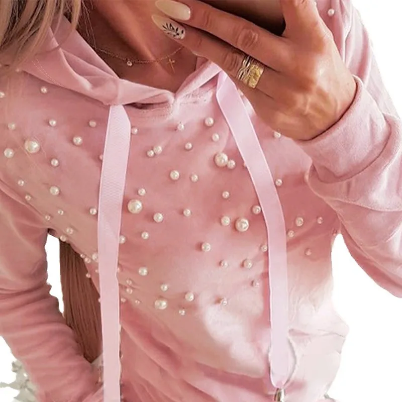 2024 New Women\'s Clothing Pink Bubble Beads Decorative Hooded Sweater Pullover Sweatpants Trousers Casual Suit 2-Piece Set