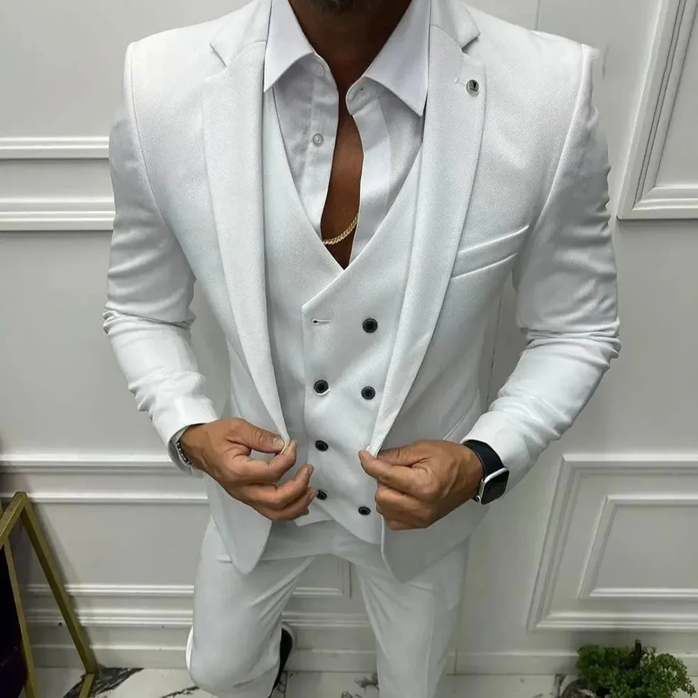 Setelan jas pria elegan Slim Fit warna Solid berkancing sebaris pakaian pernikahan pria jas 3 potong jaket celana rompi Set