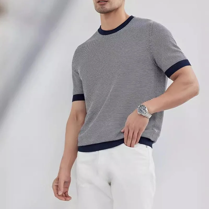 Gentleman's Short Sleeve 2026 New Polo Shirt Men's Striped Commuter Daily Versatile Crew Neck Lapel Knitted T-Shirt