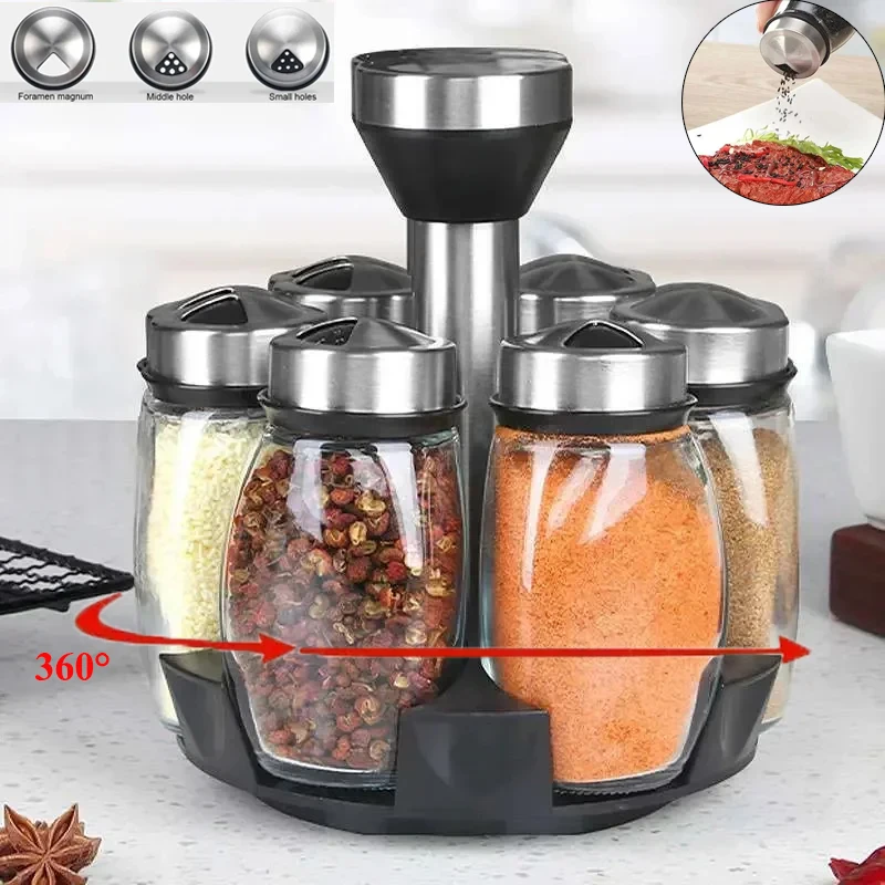 1/7pcs Spice Jar Set Rack Glass Organizer Rotating Glass Seasoning Sugar Pepper Bottles Salt Shakers Holder Kitchen Storage Rack