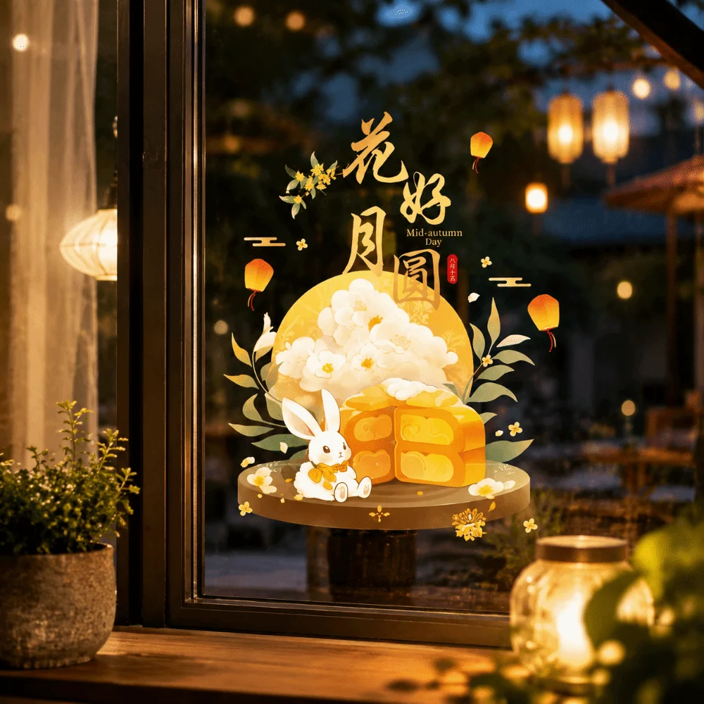 Home Decor Moon Mid-Autumn Festival Stickers Rabbit Electrostatic Door Stickers Moon Cake Decoration Wall Stickers Scene Setting