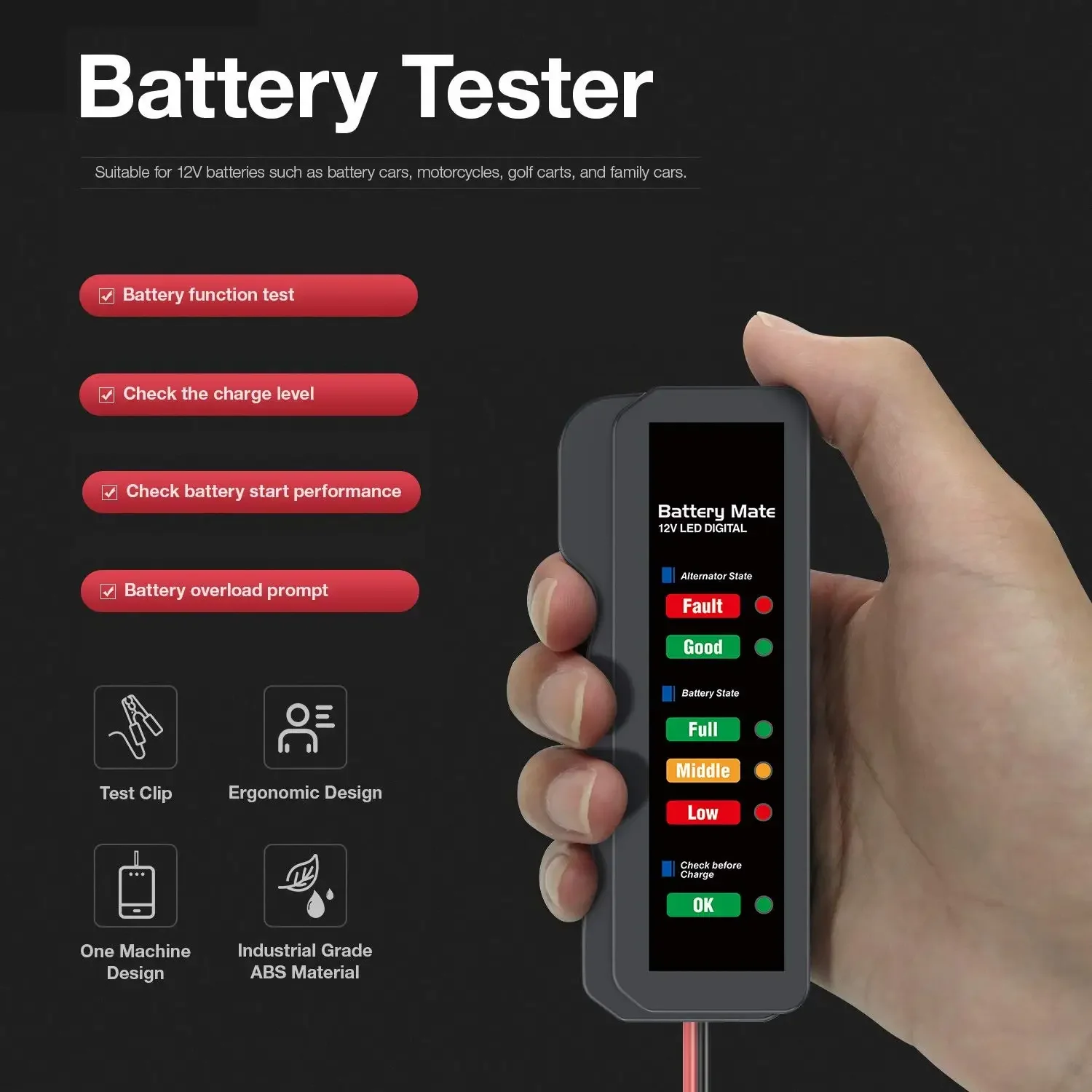 Professional Car Battery Tester - 12V Alternator & Charging System Analyzer with LED Status Indicator for Auto Repair​ image 2