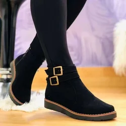 2024 Women Snow Boots New Flock Fur Women's Suede Ankle Boots Female Flat Winter Plus Size Platform Ladies Warm Shoes