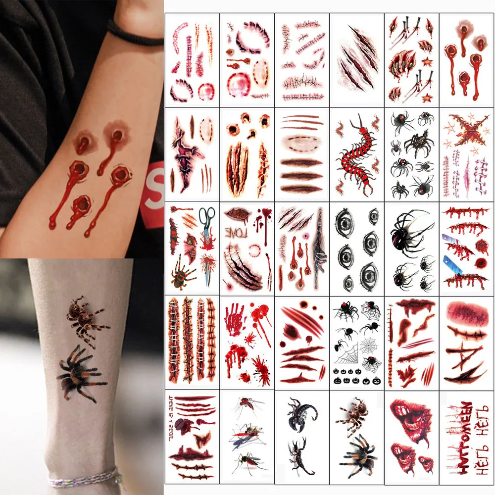 30 Pcs Temporary Tattoo Stickers for Halloween Makeup Party Bleeding Wound, Horrifying Scar Fake Tattoo for Face Small Tatoo