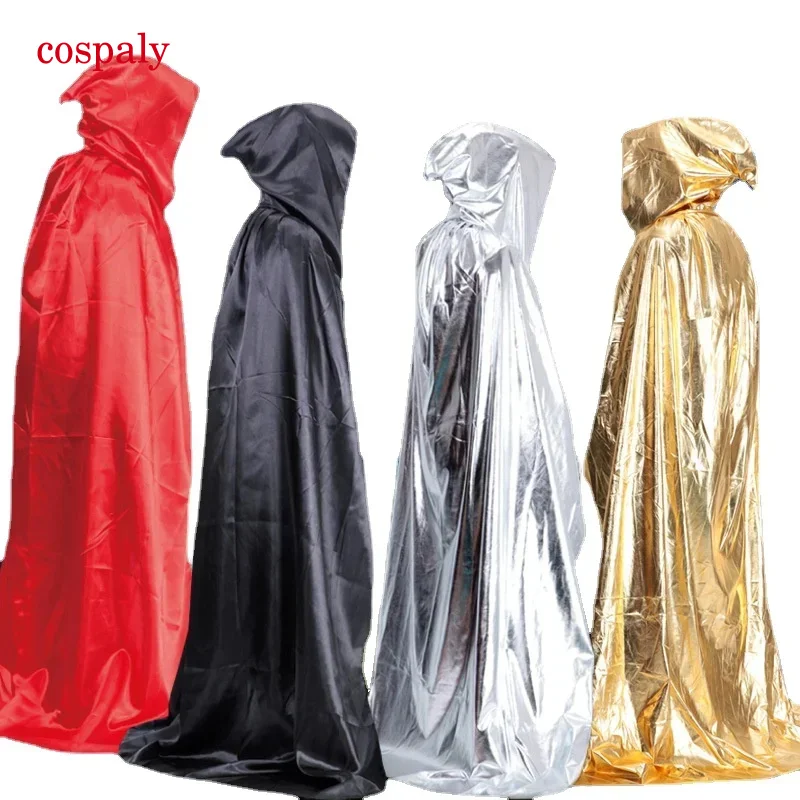 A Gold Silver Red Black Women Men Adult Medieval Vampire Witch Ghost Party Costume Leather Look Halloween Long Cape Cloak Hooded