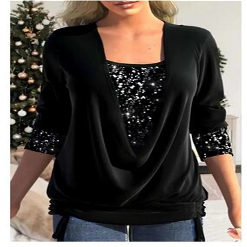 

Autumn Winter New Elegant Sequins Patchwork Blouses Women Casual Solid Color Square Collar Slim Bandage Pullovers Femme Clothes
