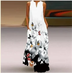 Women's Clothing 2024 Spring Summer Elegant V-neck Butterfly Print Long Dress Women Beach Sexy Sleeveless Tank Maxi Party Dress