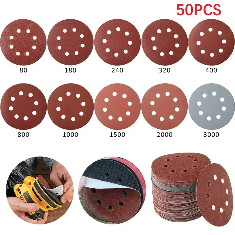 50 Stück Schleifscheiben, 125 mm, runde Form, Schleifpapier, 8 Löcher, gemischte Körnung 80–3000, Klettverschluss-Scheiben, Schleifblätter, Polierwerkzeuge – Detail 1
