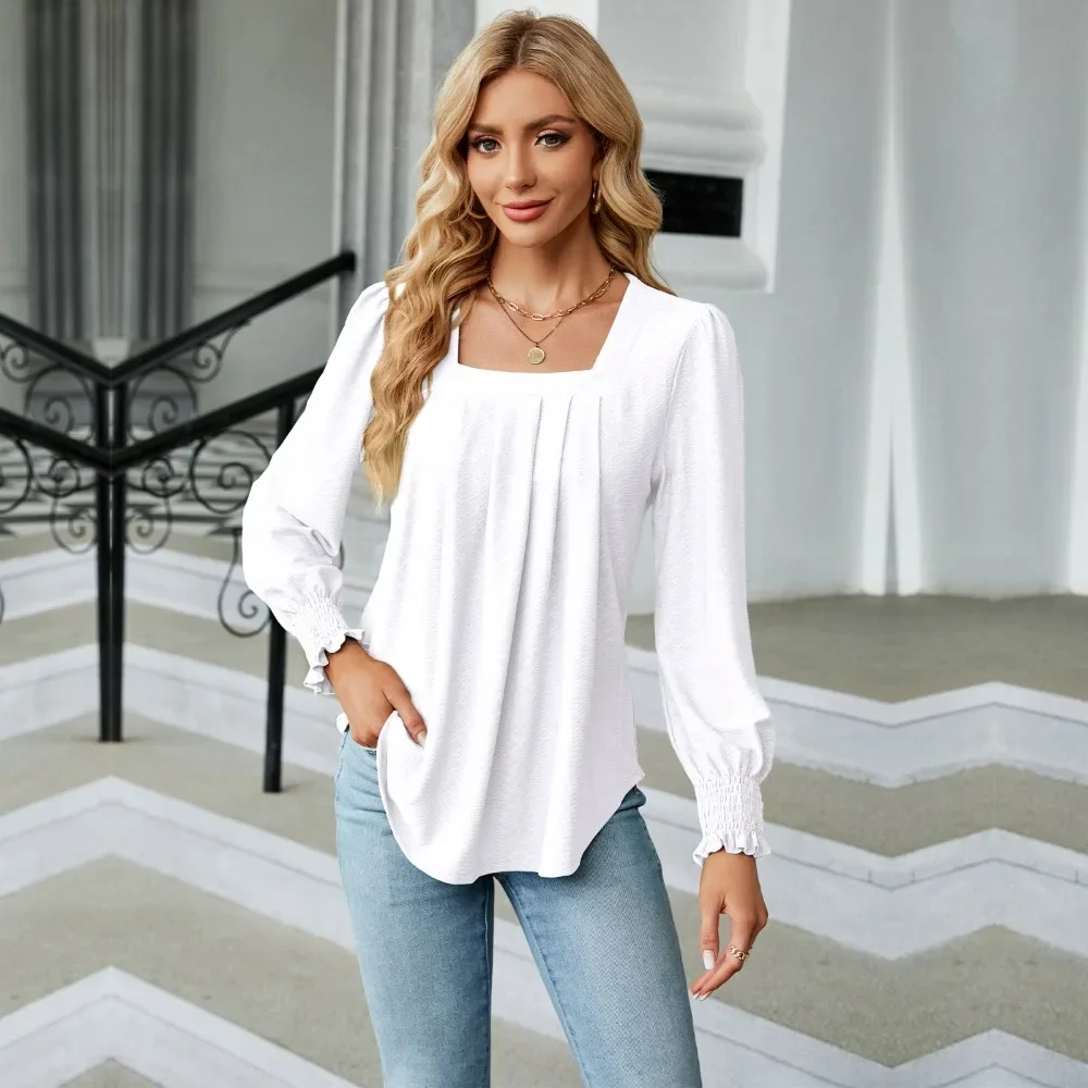 

Women's Blouses & Shirts for Women Elegant Clothes Korean Long Sleeve Square Neck Blue Chiffon Tops Spring Autumn Clothing