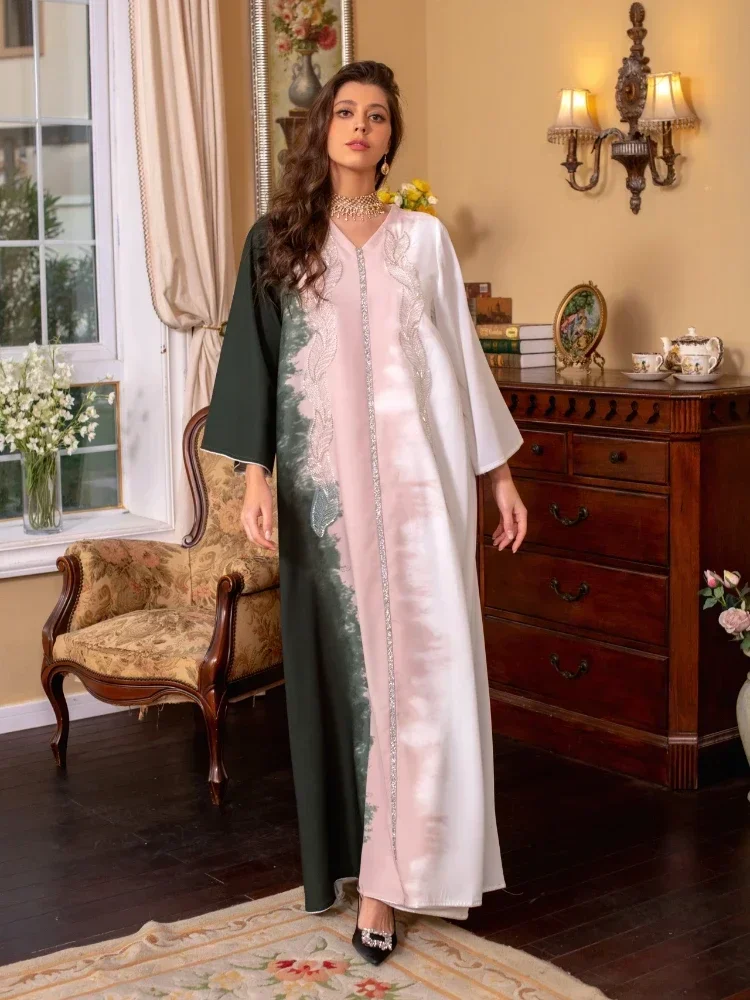 Eid Muslim Morocco Dress for Women Abaya Jalabiya Diamond V Neck Party Dresses Dubai Abayas Kaftan Islam Vestidos Arab Robe 2023