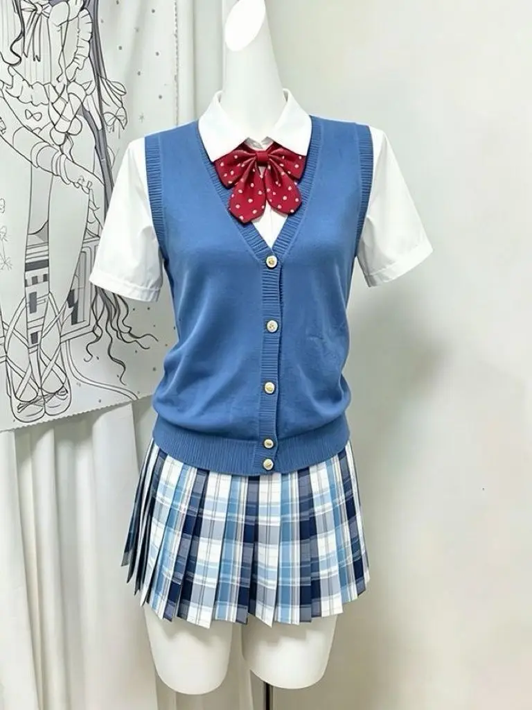 Japanese Style JK Uniform Bubble Blue Knitted Cardigan Vest School Uniform Snow White Patterned Skirt Set Breathable Casual Wear