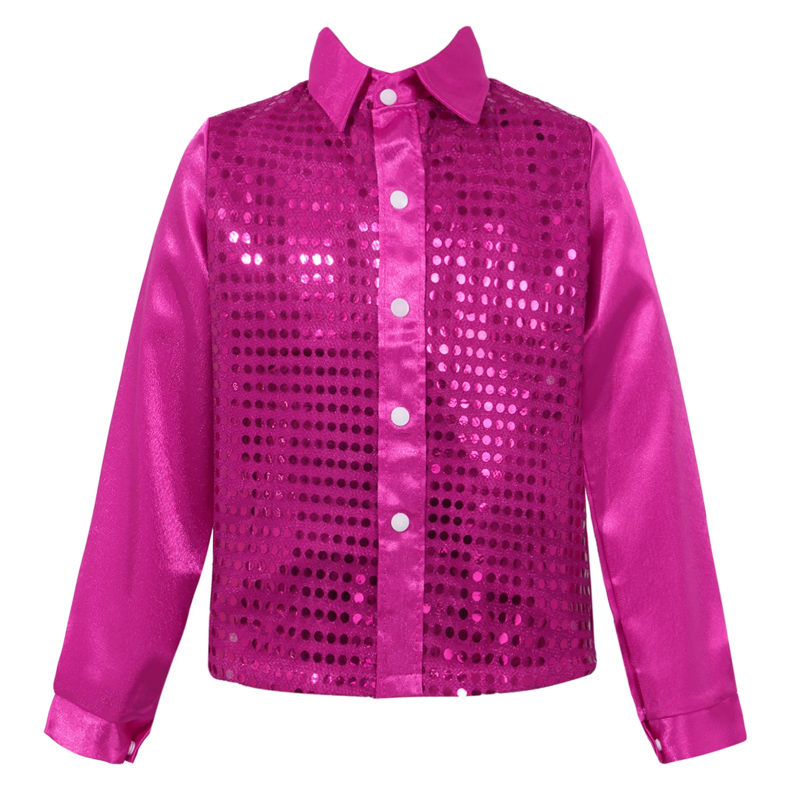 Kids Boys Choir Jazz Party Club Dancing T-shirt Glittery Sequined Long Sleeve Suit Shirt for Dance Stage Performance Uniform