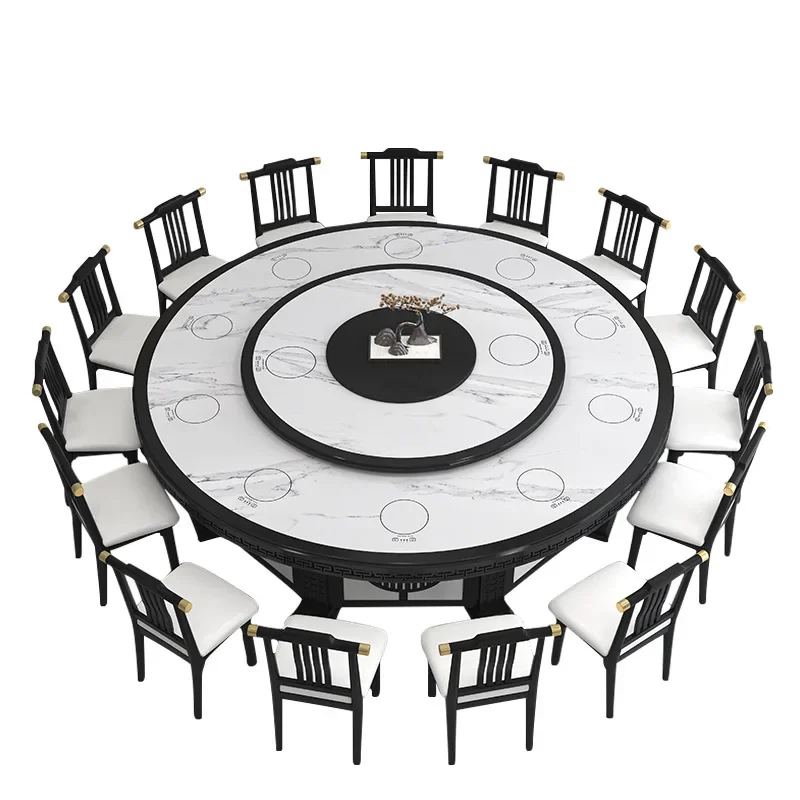 

Electric slate dining table large round table new Chinese marble restaurant simple belt