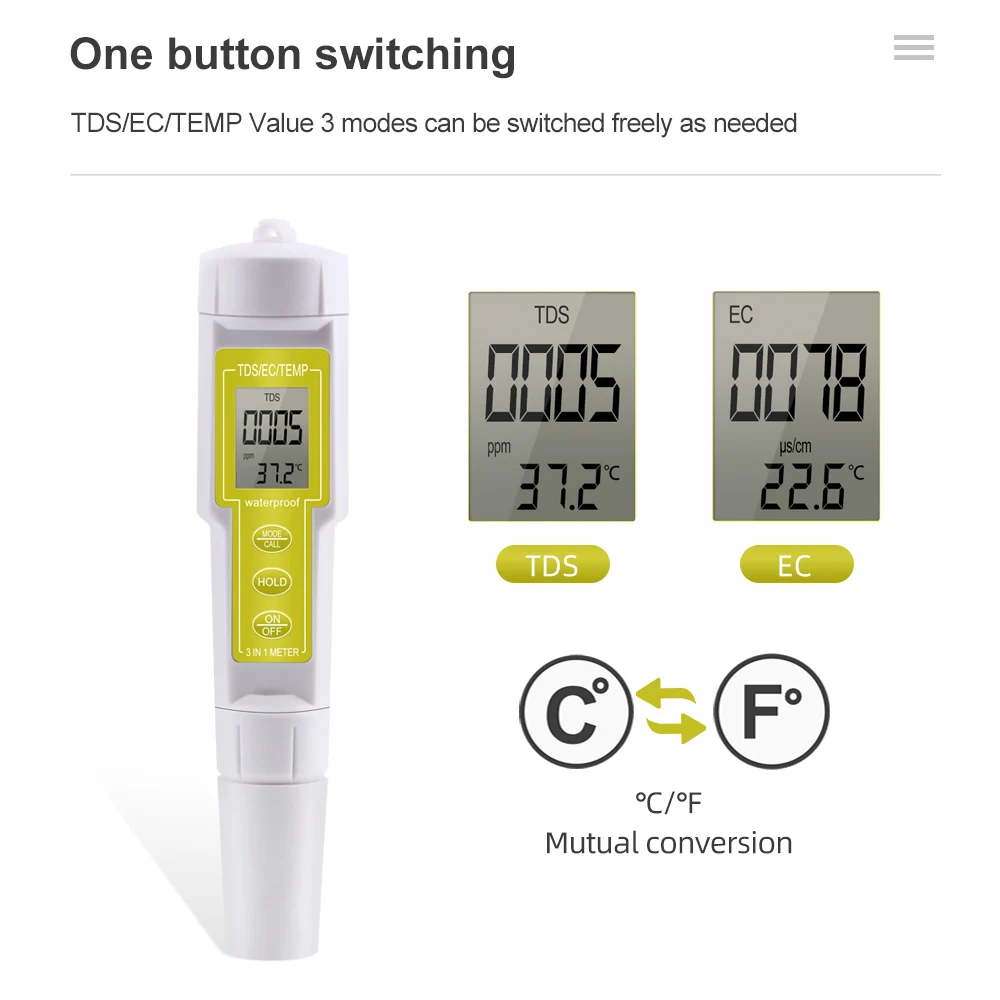 3 in 1 Temp EC TDS Meter 0~9999us/cm EC Tester Digital Water Quality Monitor Tester for Pools, Drinking Water, Aquariums