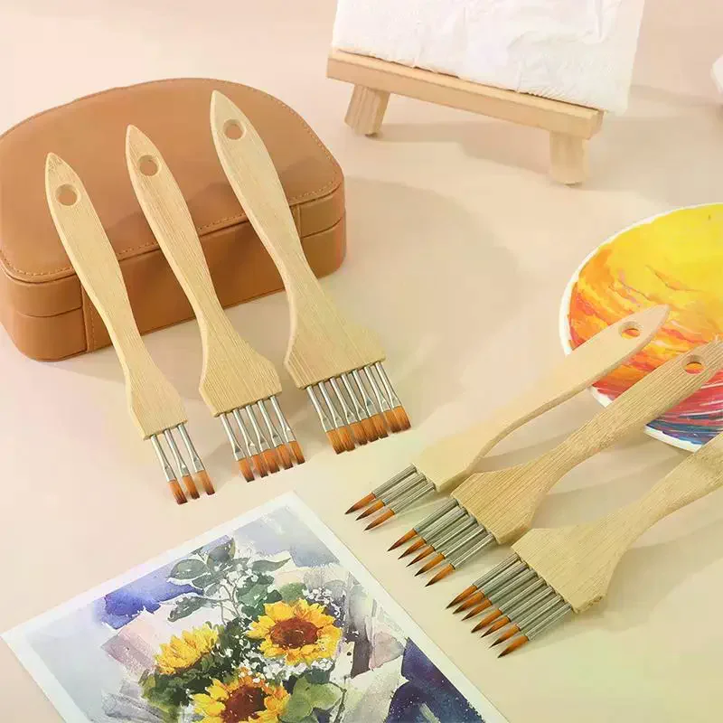 Round/Flat Multi-Tooth Comb Brush Nylon Wool Bamboo Handle Watercolor Brush Painting Supplies Art Stationery Acrylic Paint Brush