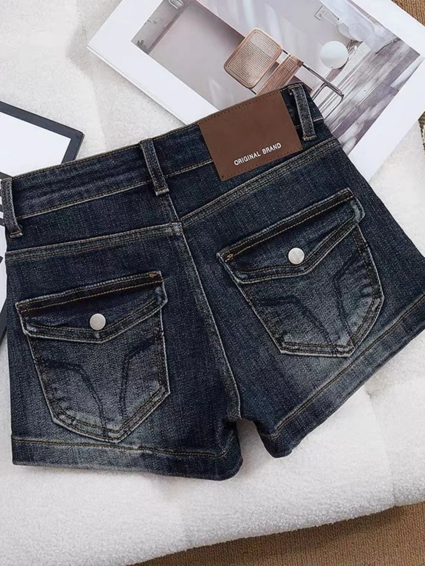 

High Waist Denim Shorts Women's Summer Slim Fit Bootcut Pants Retro Style Back Pocket Elastic mid Stretch Cotton Blue Jeans