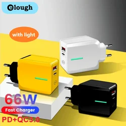 Elough 66W PD+QC 3.0 Fast Charger With LED Light Type C Mobile Phone Charger USB High Speed Charger  For Xiaomi Huawei Samsung