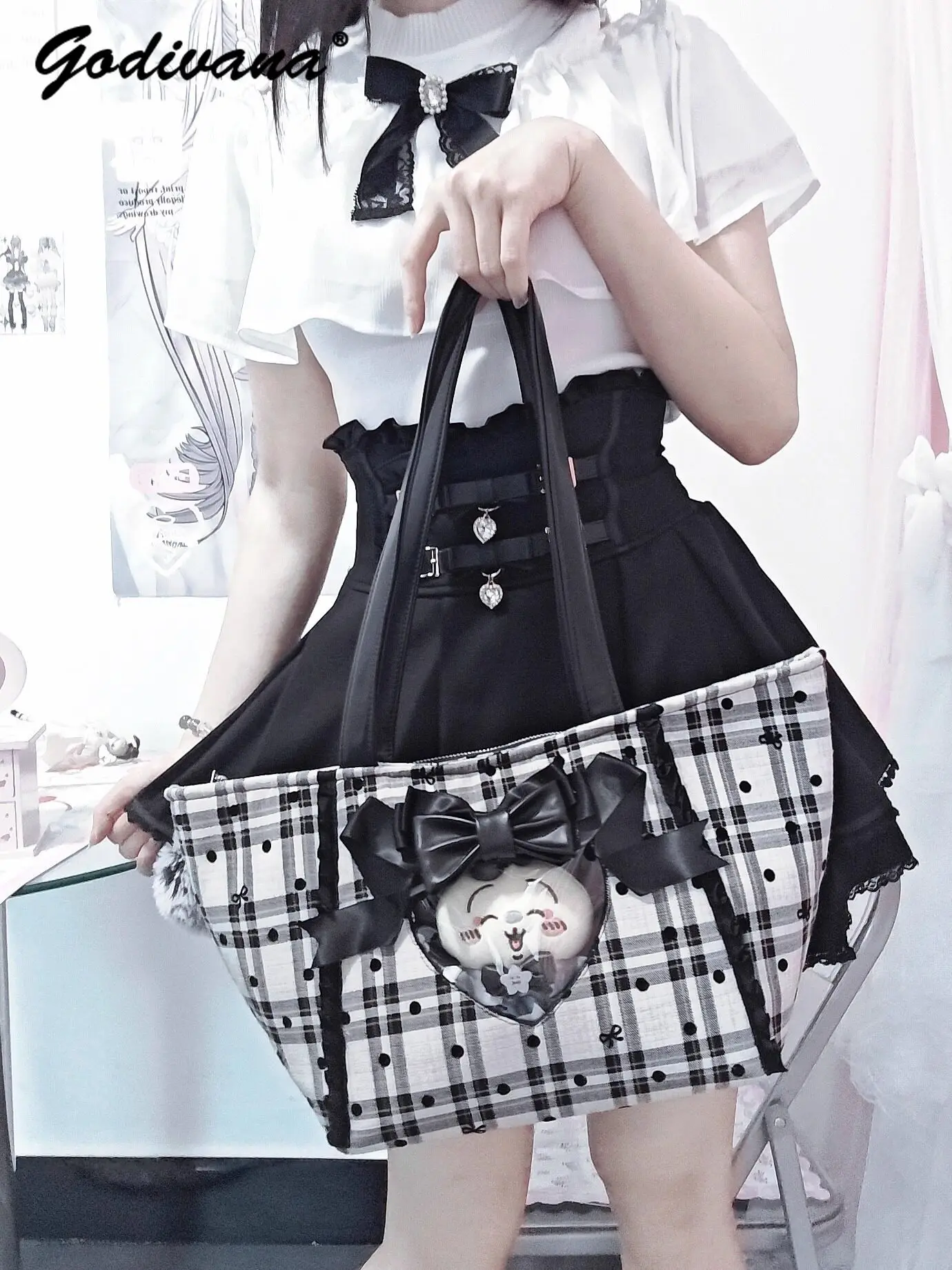 [rabbit dream] leilei style bag plaid lace with large capacity tote bag work clothing pain bag large capacity