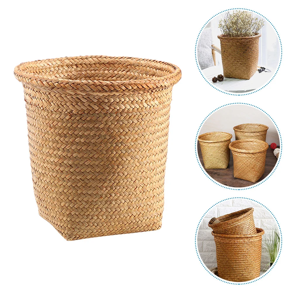 Flower Pot Cover Trash Bin Woven Storage Organizer Decorative Basket Large Straw Desktop Finishing Office