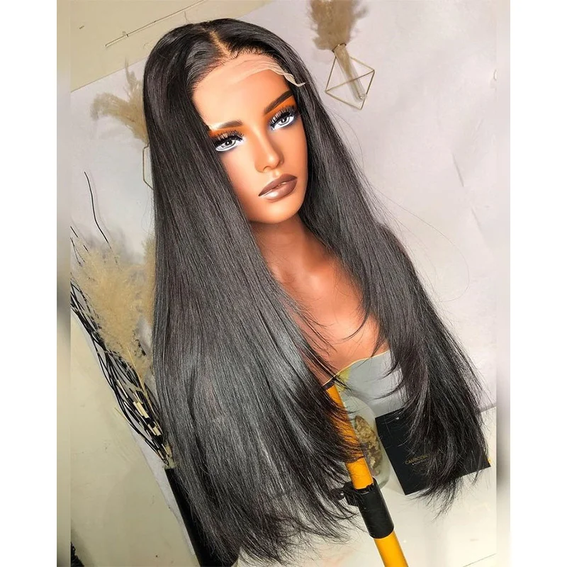 

Long Glueless Preplucked Soft 26Inch 180% Density Black layered hair Silky Straight 13*4 Lace Front Wig With Baby Hair Fiber