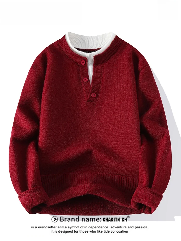 

Red New Year Year Cisas Men's Knitted Sweater Casual Faion Midweight V-ne Long Sve Thermal Inner Wear